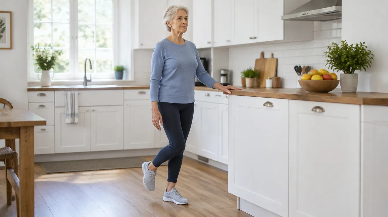 Senior woman doing a tai chi balance drill holding a kitchen counter