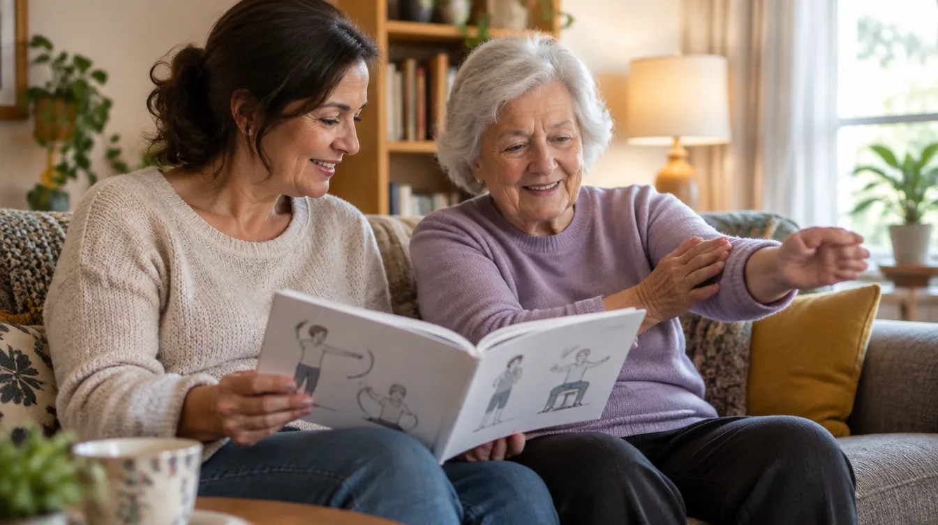 Daughter and senior mother reading an illustrated tai chi guide together