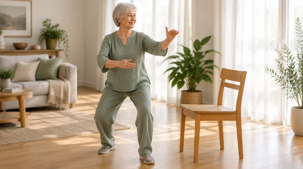 Senior woman doing gentle tai chi at home beside a sturdy chair for balance