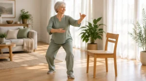Senior woman doing gentle tai chi at home beside a sturdy chair for balance