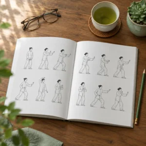 Open illustrated tai chi guide with step-by-step drawings, glasses and green tea