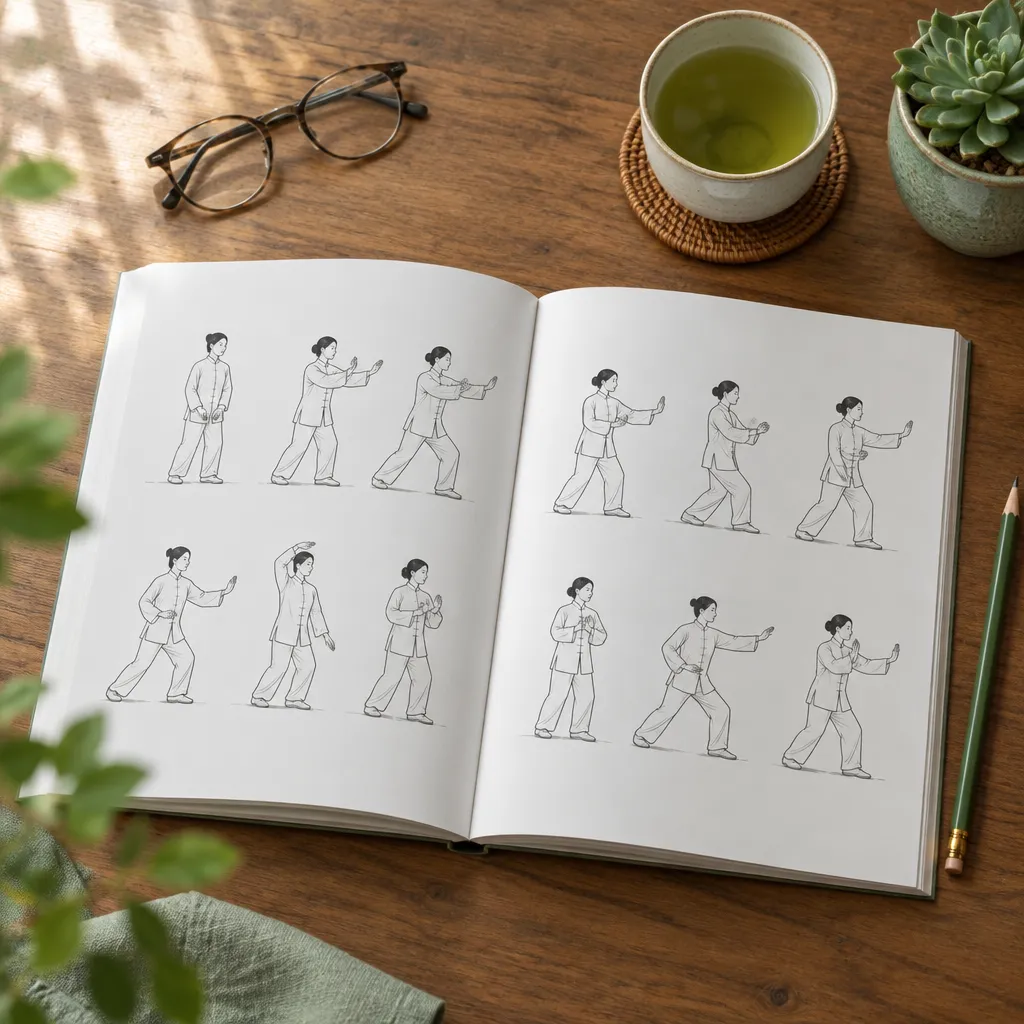 Open illustrated tai chi guide with step-by-step drawings, glasses and green tea