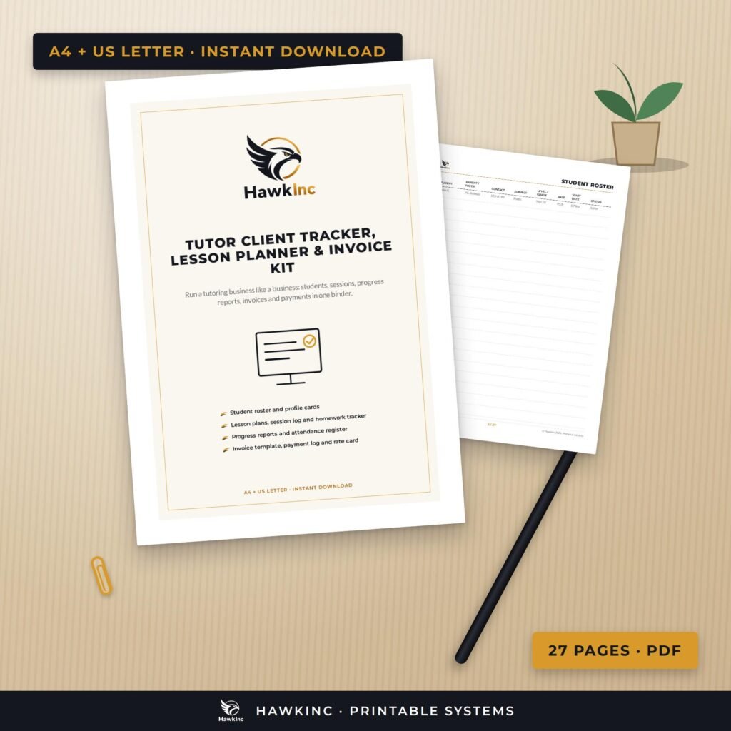 Tutor business planner cover with client tracker, lesson plan and invoice pages
