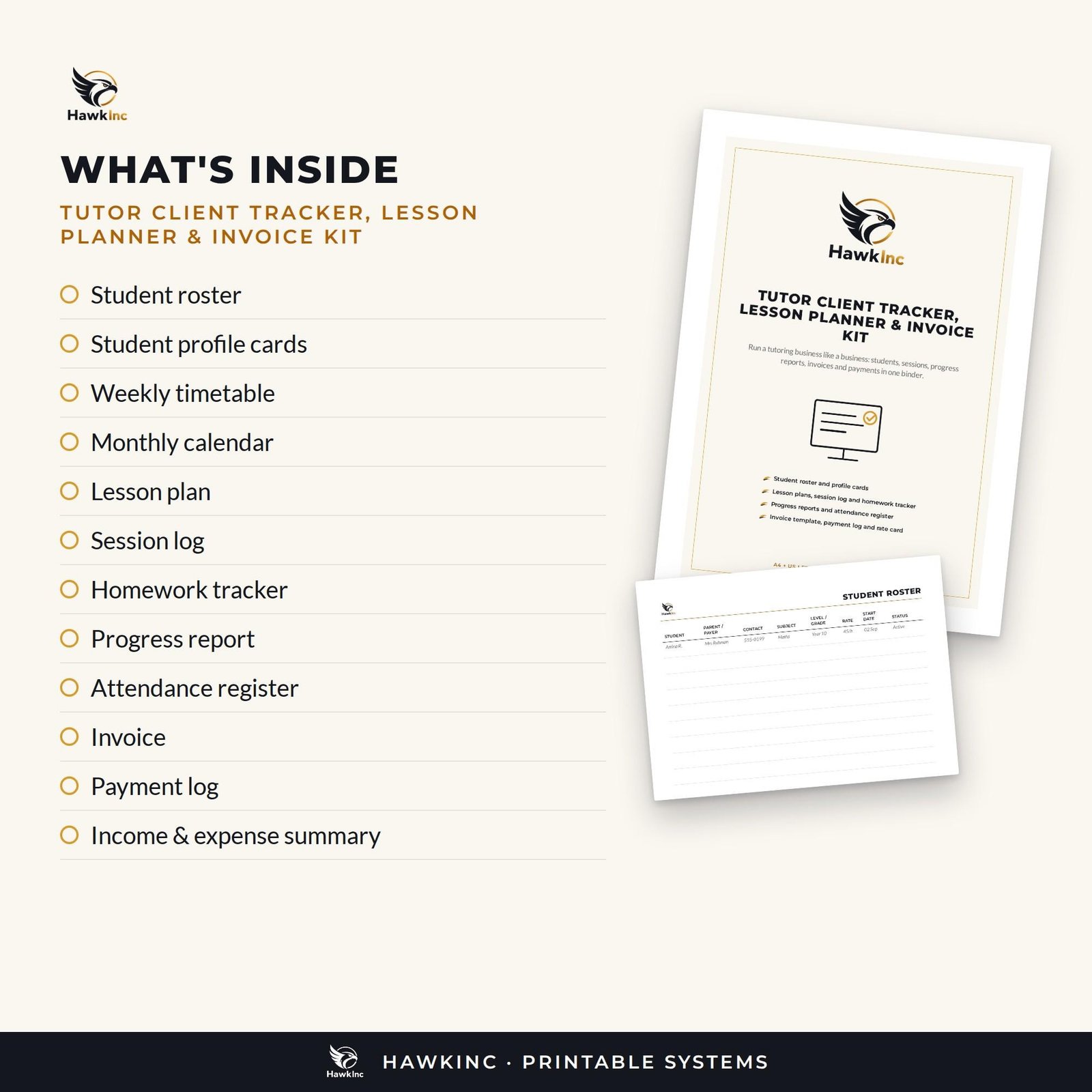 Inside the Tutor Business Planner: roster, lesson plans, session log and progress report pages
