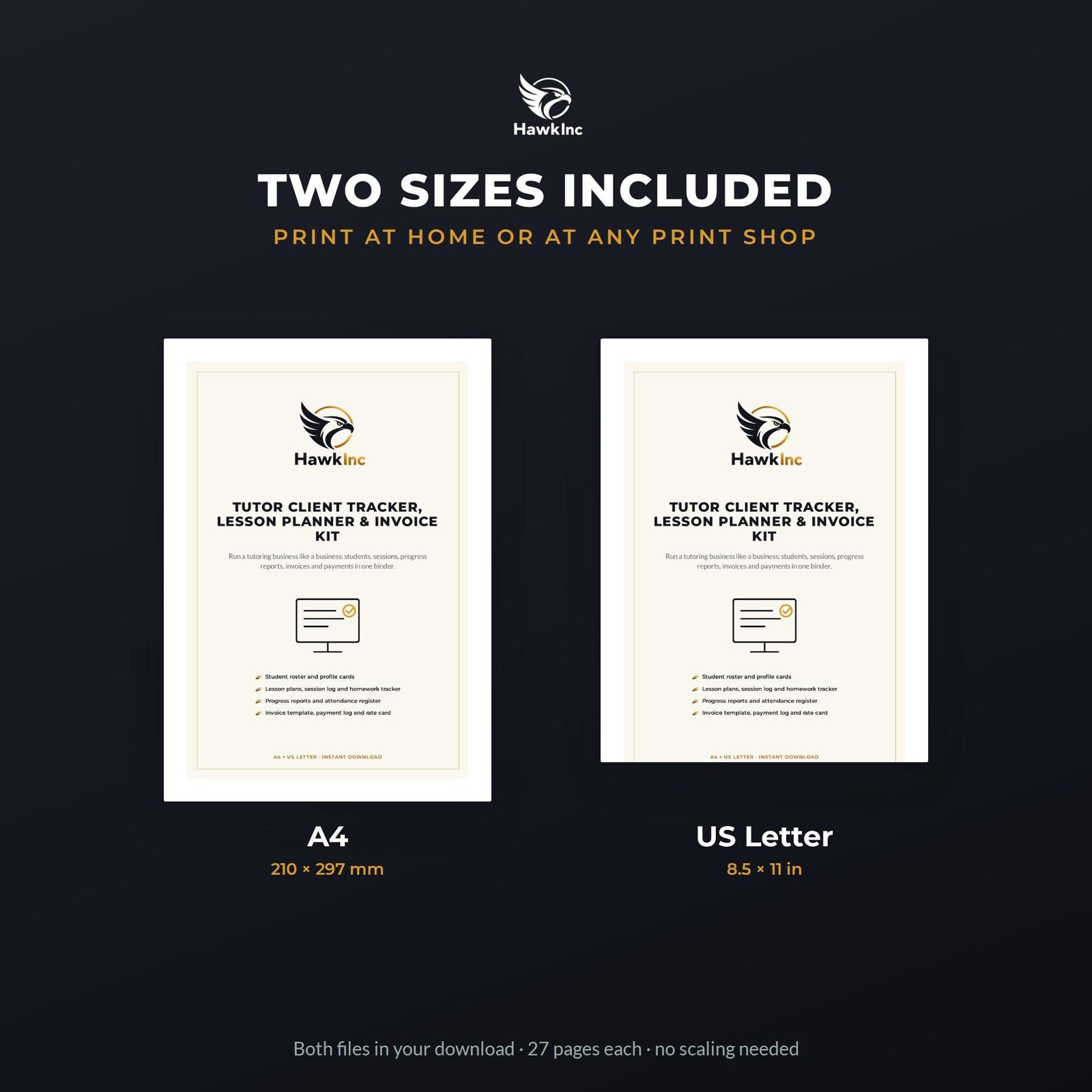 Tutor planner shown in A4 and US Letter paper sizes