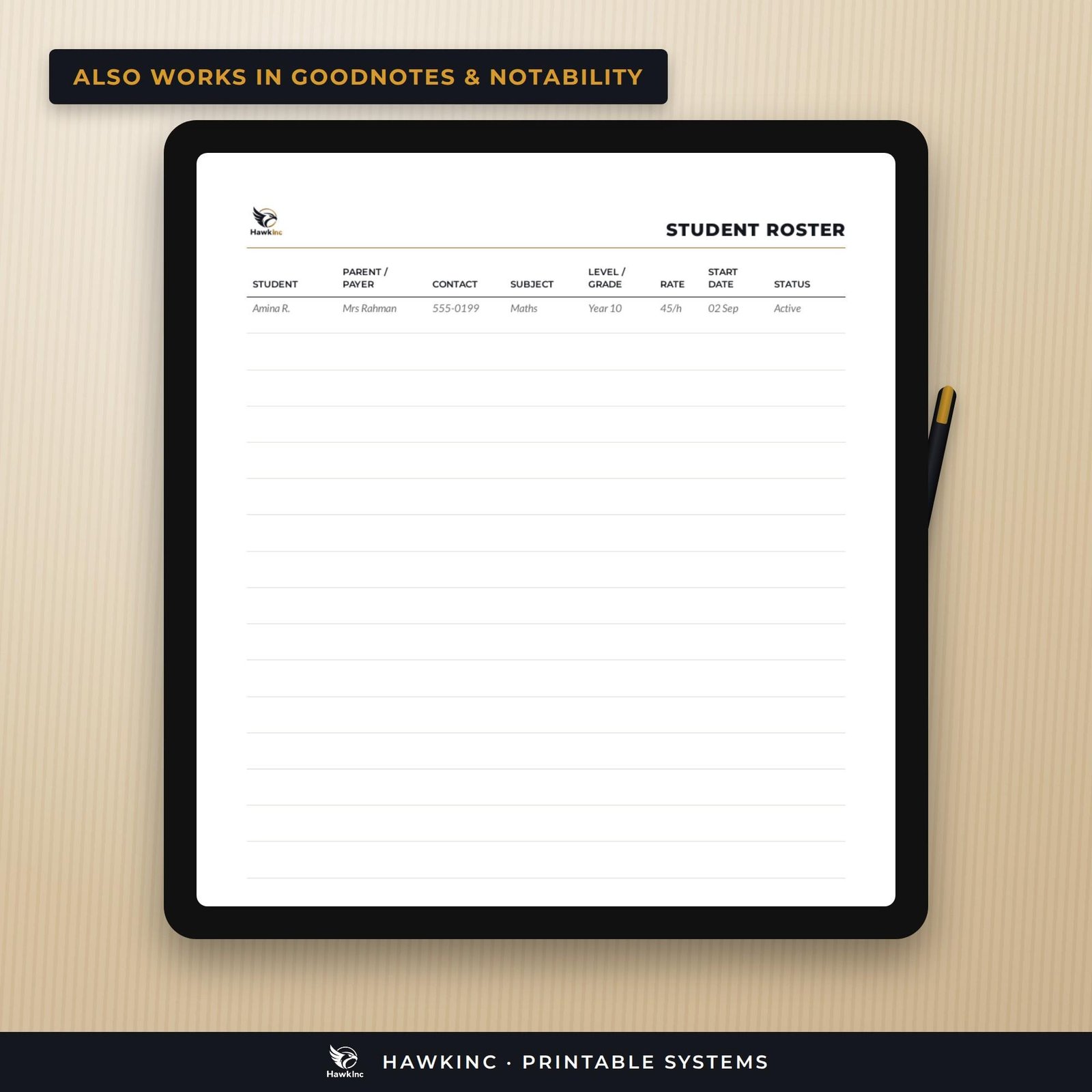 Tutor planner PDF open on a tablet in a note-taking app