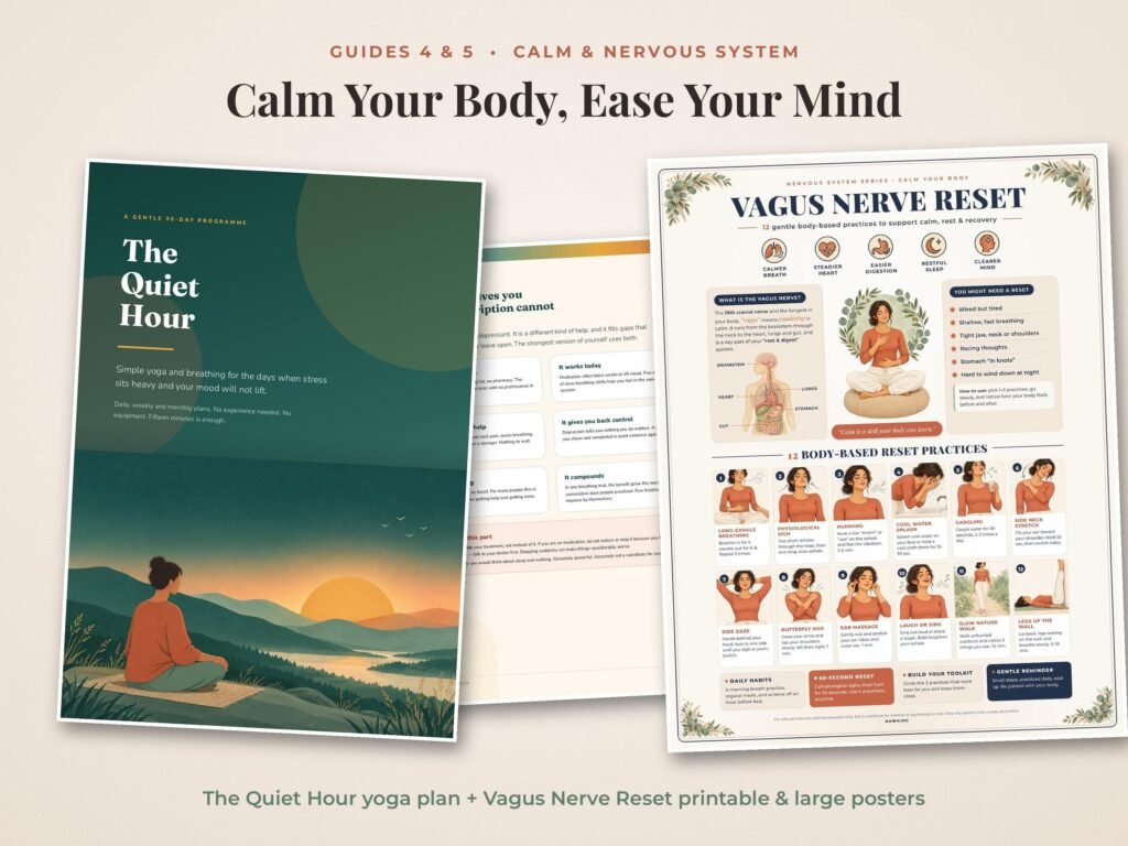 Vagus Nerve Reset poster with 12 calming practices beside The Quiet Hour gentle yoga plan