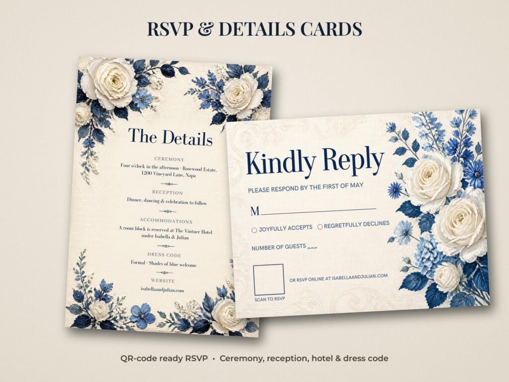 Blue and white wedding RSVP card with QR code space and a details card for ceremony and reception