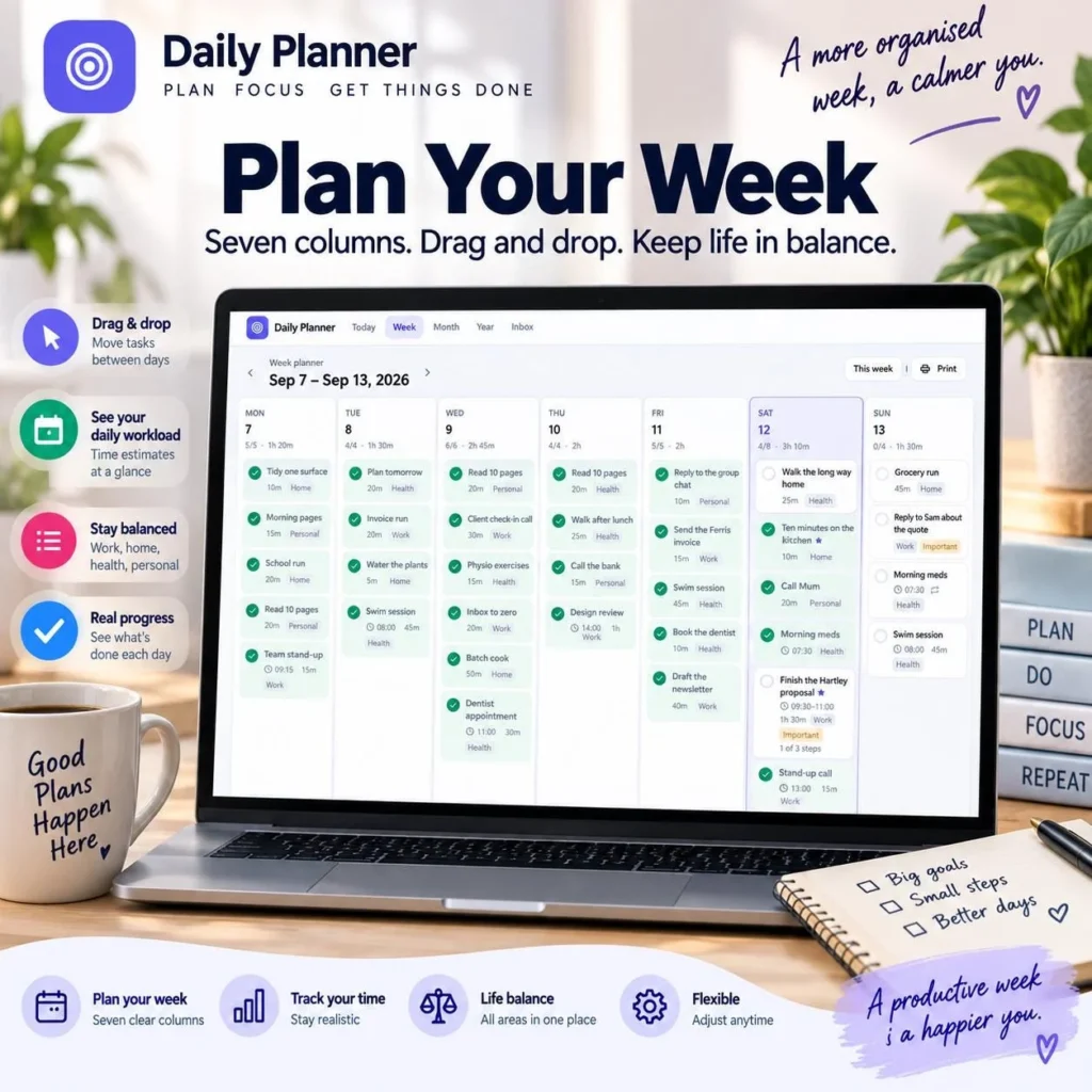 Weekly planner view of the offline daily planner app on a laptop with seven drag-and-drop day columns and checked-off tasks