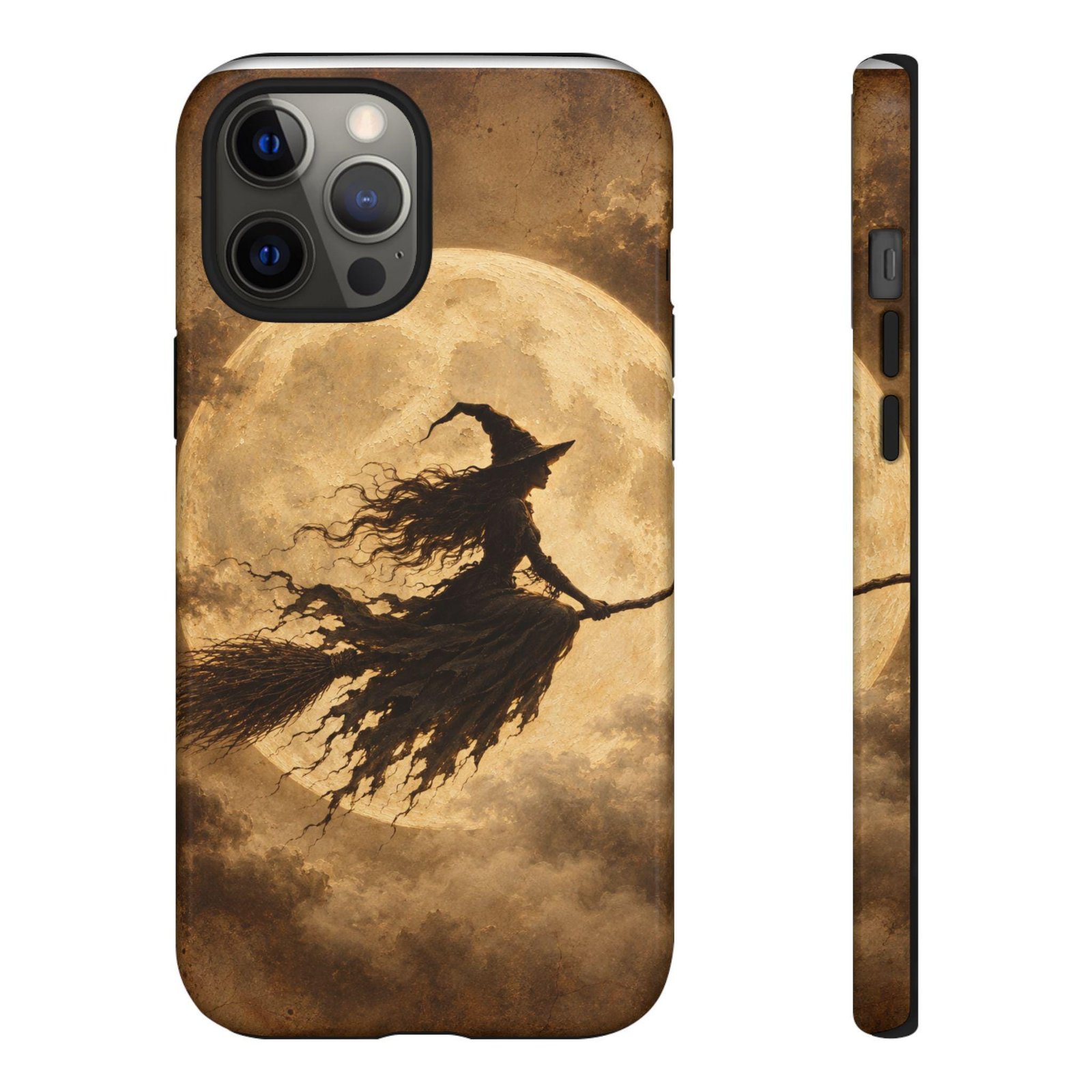 Front and side view of the full-wrap witch and full moon phone case
