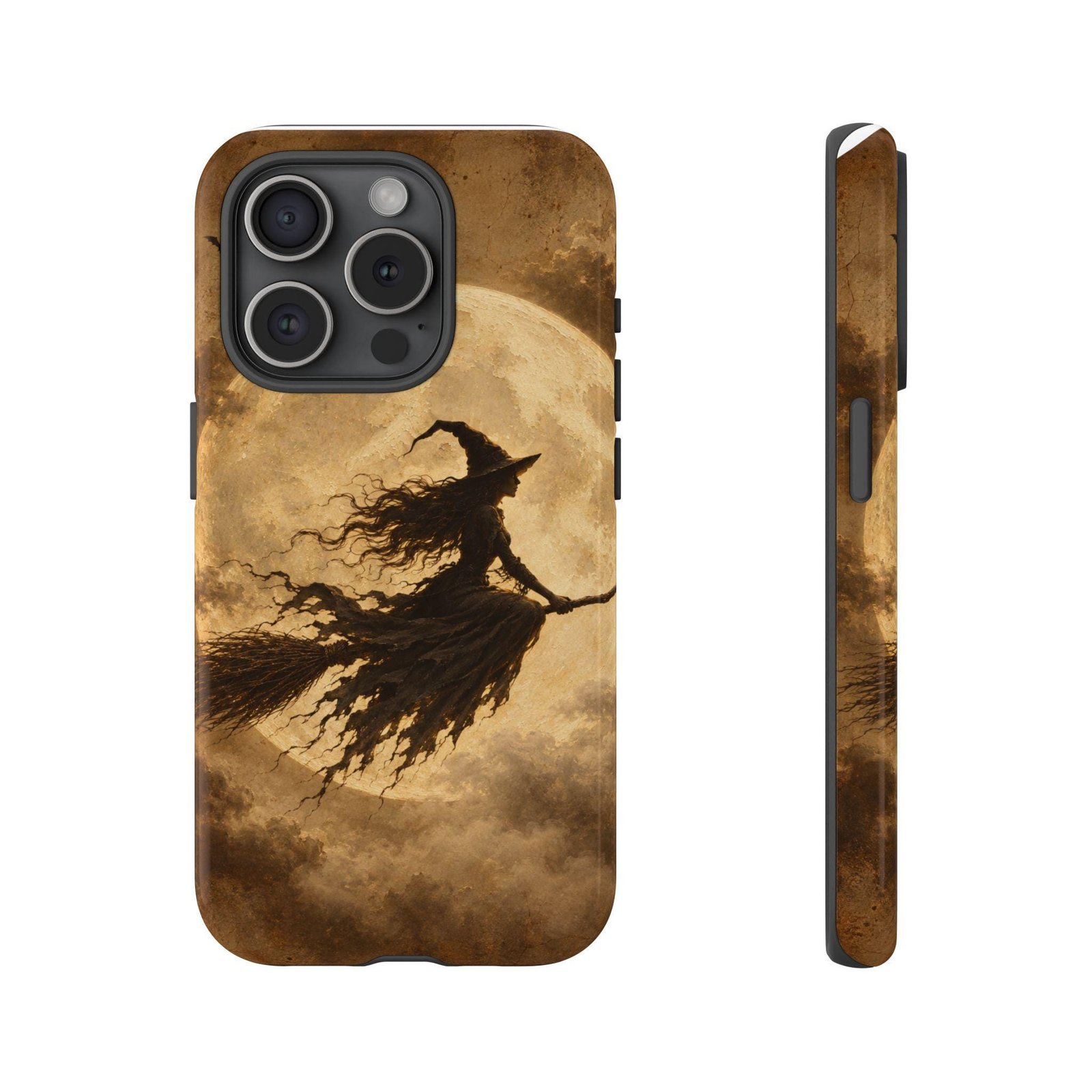Witch flying across the moon phone case shown from the back and side