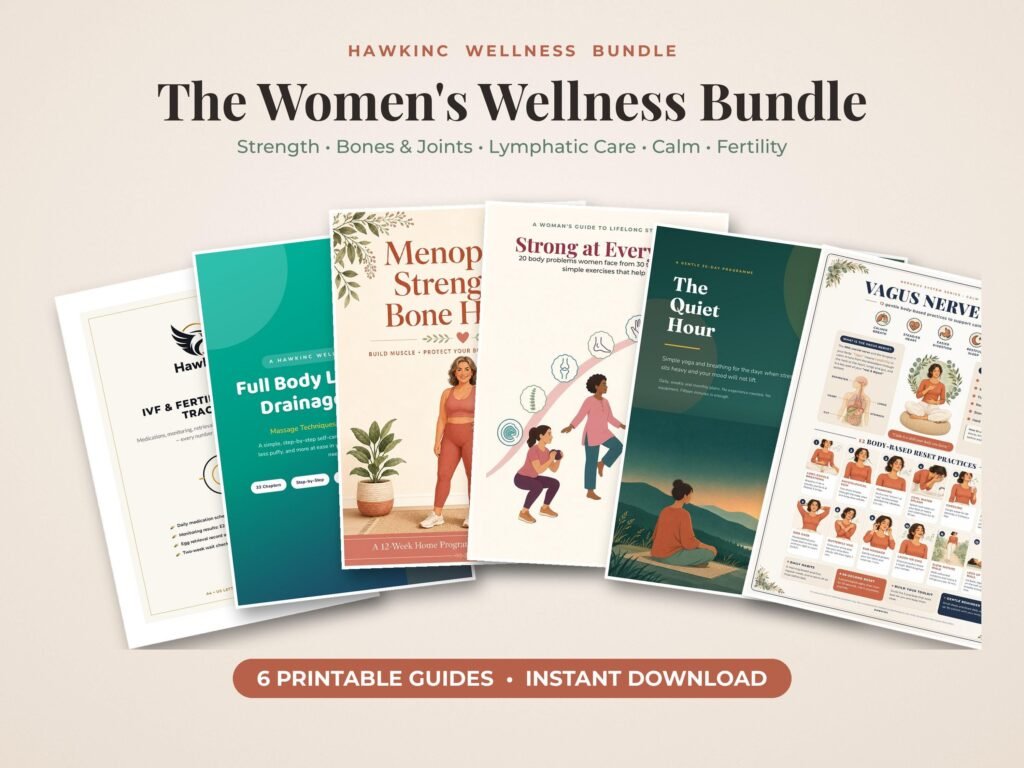 Self-care routine for women: six printable guides for menopause strength, lymphatic drainage, vagus nerve reset, yoga and IVF tracking